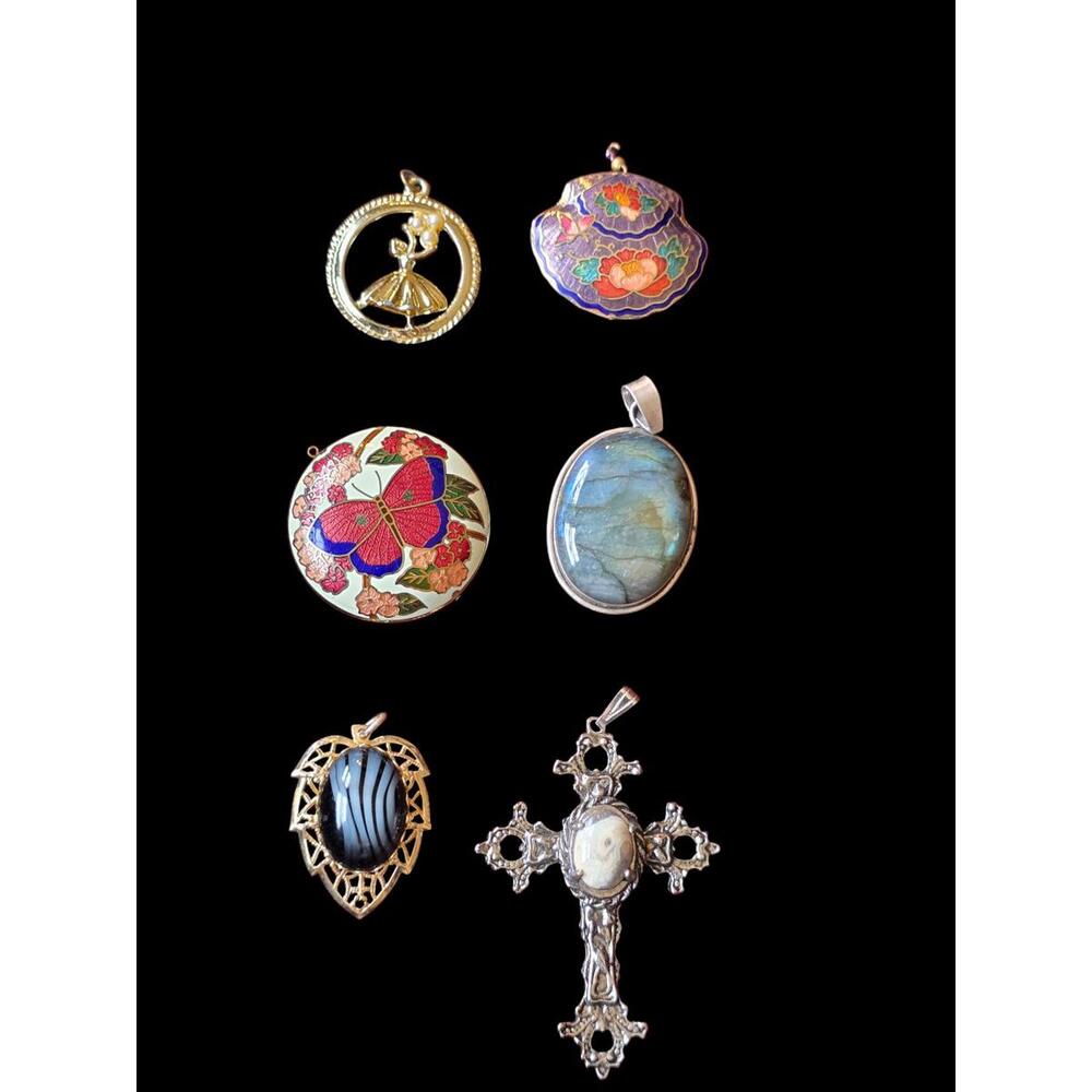 Vintage Estate Pendant Lot - 6pc Sterling, Cloisonné & Gemstone